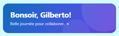 Web part Accueil personnalisé : « Bonsoir, Gilberto! » sur un dégradé indigo