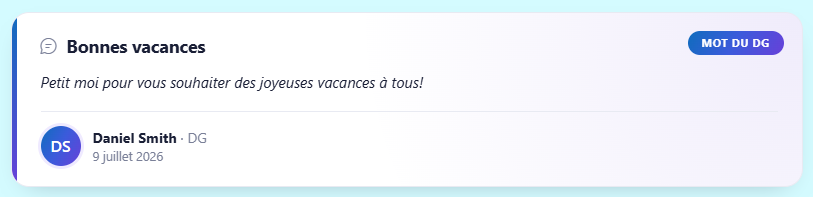 Web part Mot de la direction : message « Bonnes vacances » signé par le DG, avec avatar et date