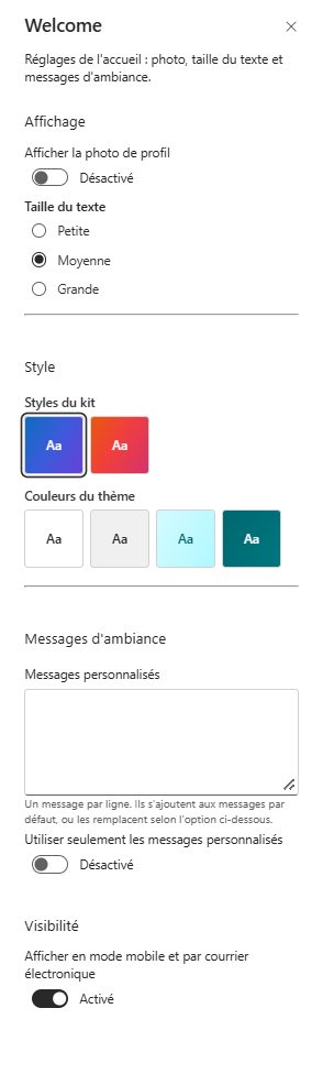 Volet de propriétés de la web part Accueil personnalisé dans SharePoint