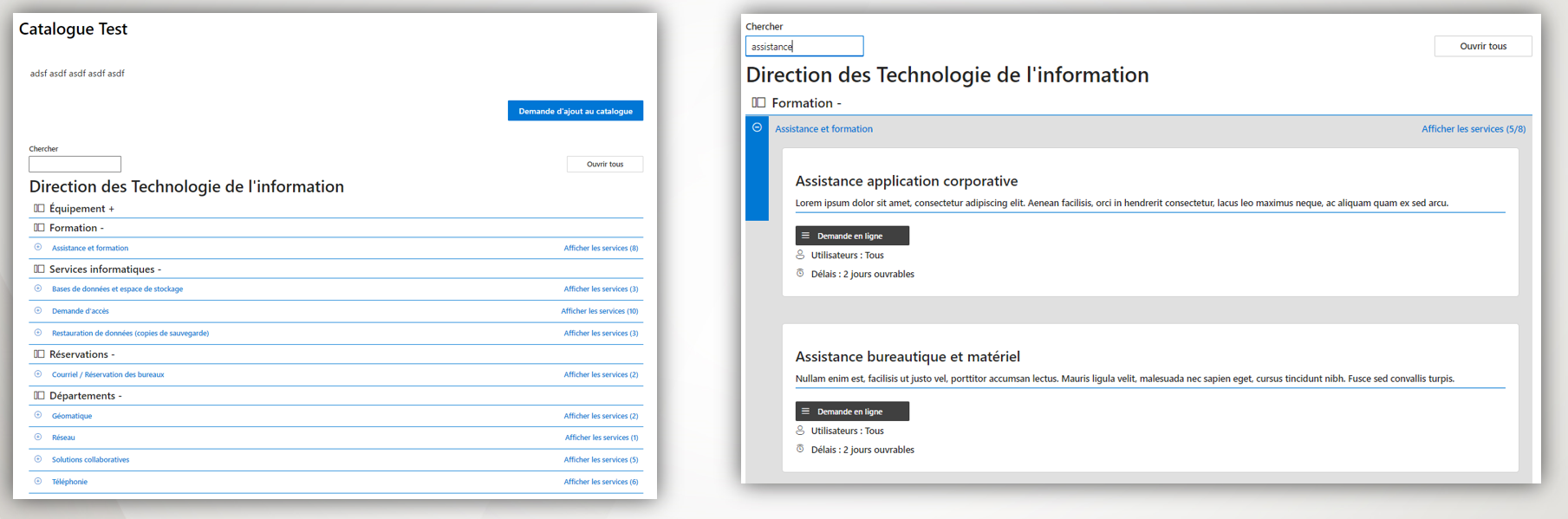 Catalogue de services développé en SPFx sur le site de POC