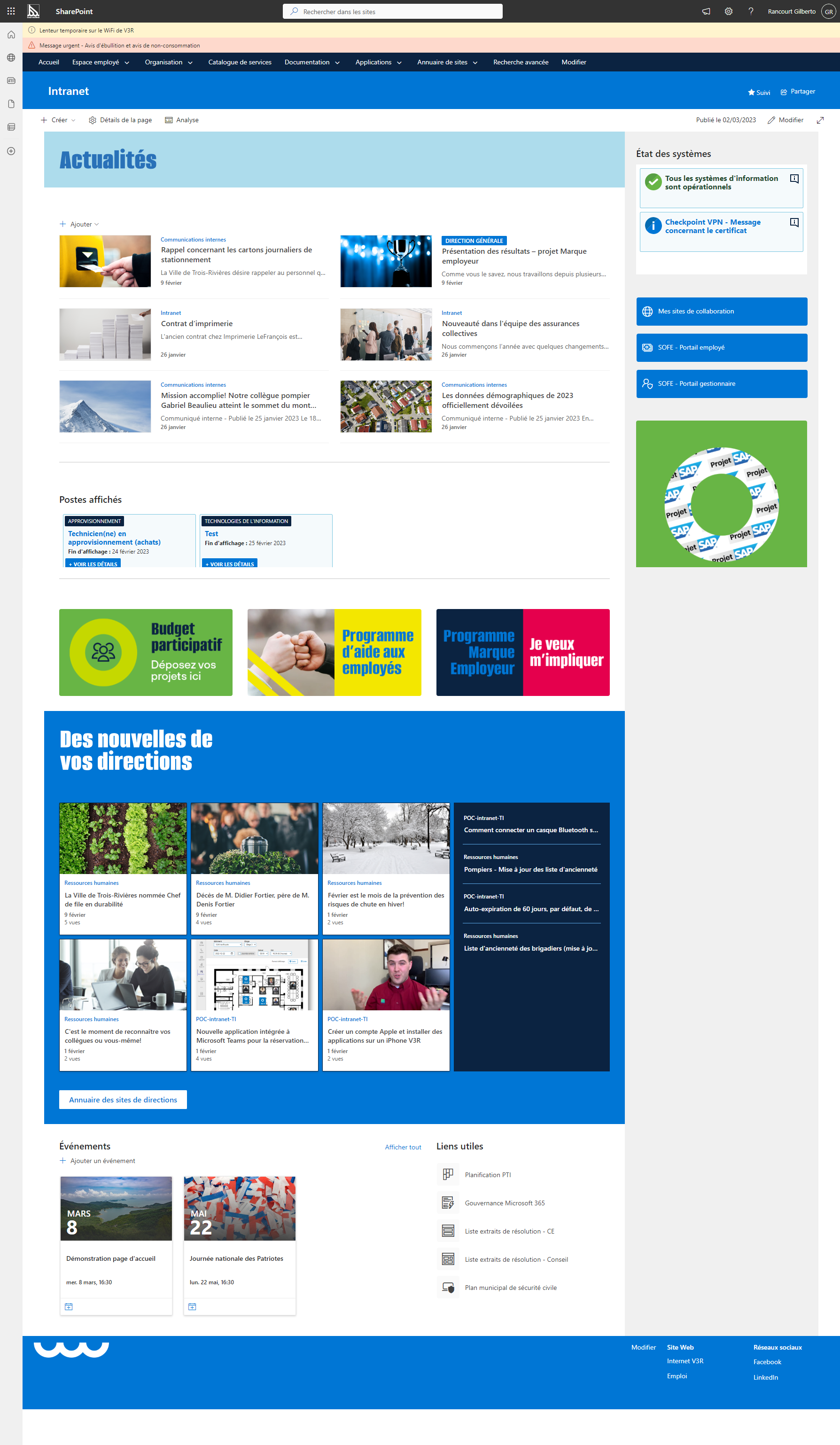 Capture d’écran de l’intranet à la fin du sprint 3