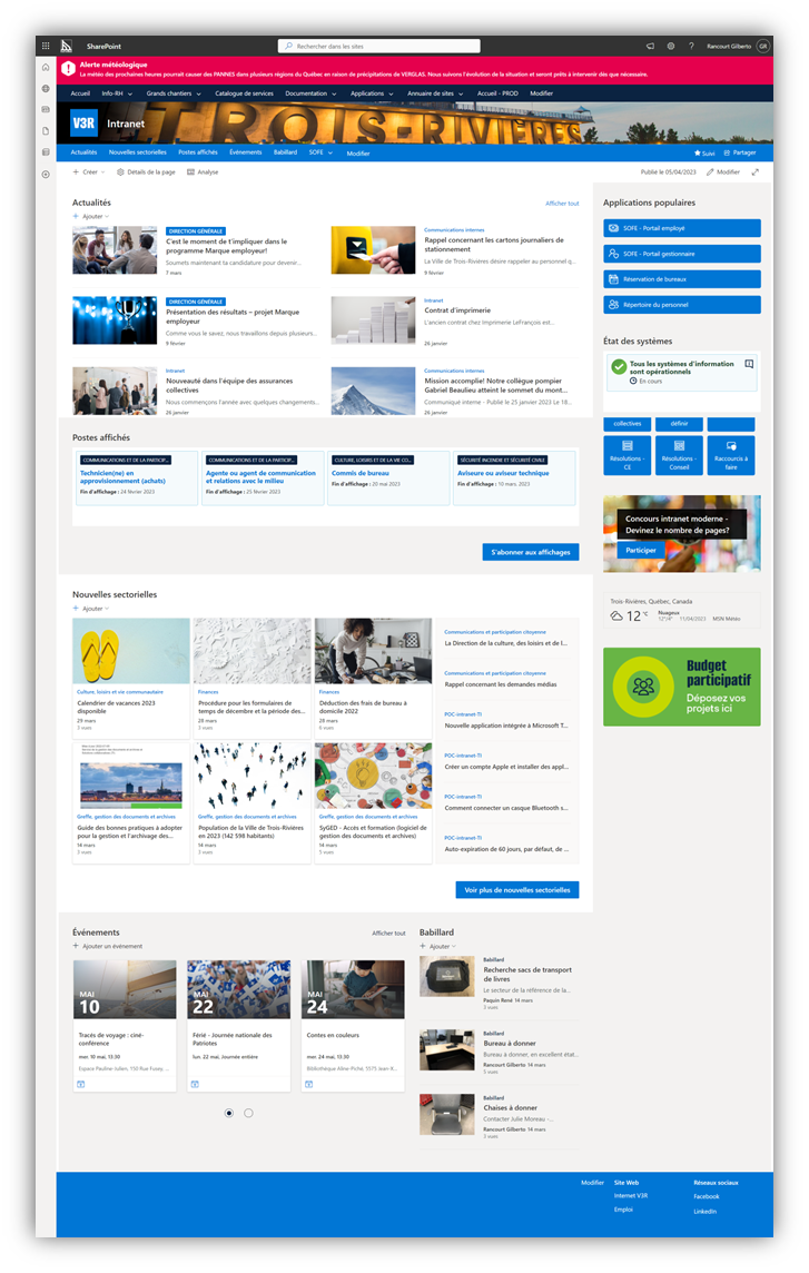 Page d’accueil de l’intranet à la fin du sprint 4