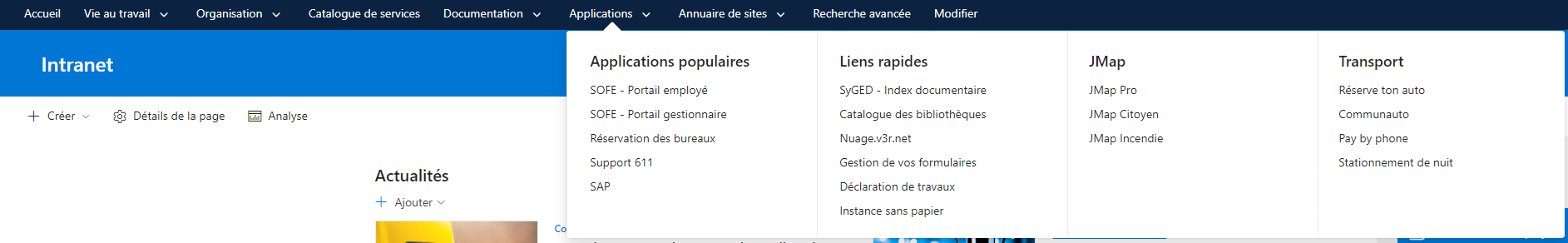 Barre de navigation du hub et méga menu de l’intranet